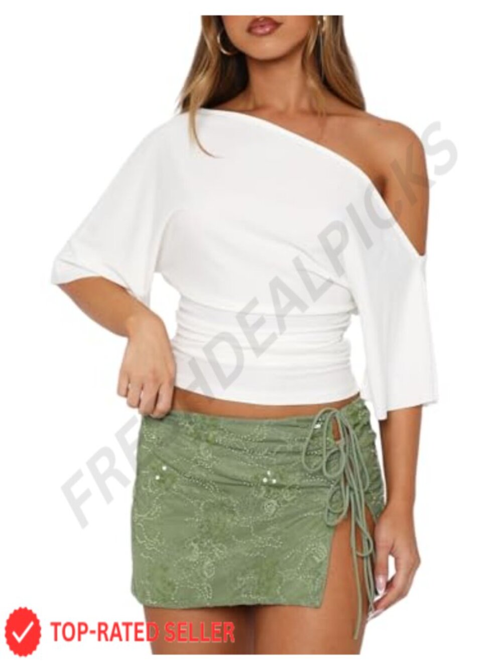 Off Shoulder Crop Top Asymmetrical Ruched Short Sleeve Summer Y2K